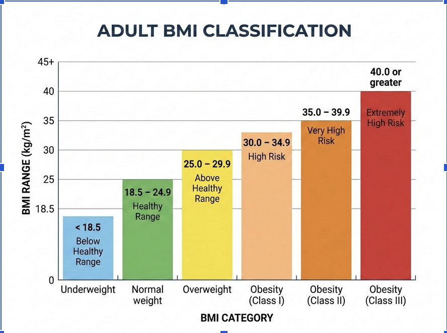 BMI Categories Chart Matrix mapping height and weight